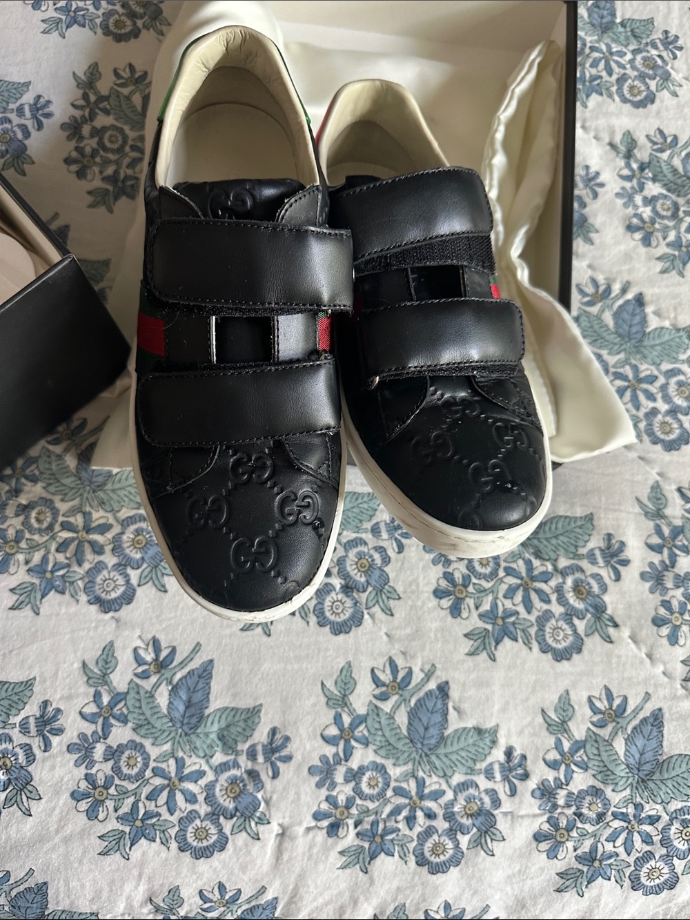 Kids Gucci Black GG Leather Sneakers with Red & Green Web Stripe